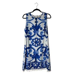 Farmers Market Shift Dress Womens Size M Linen Blend Sleeveless Pom Pom Trim